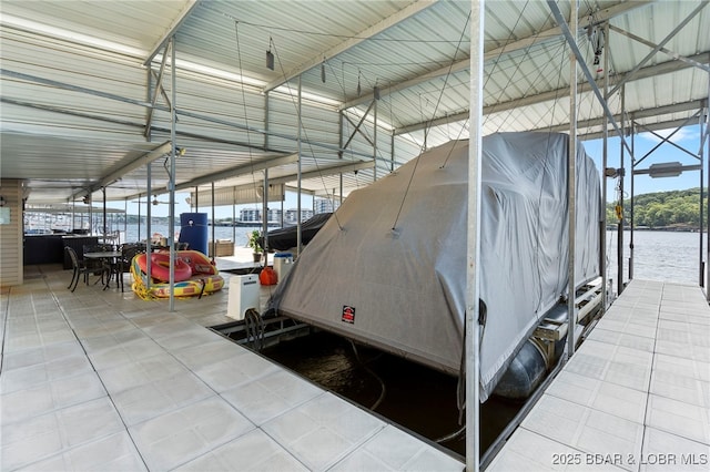 garage with a water view