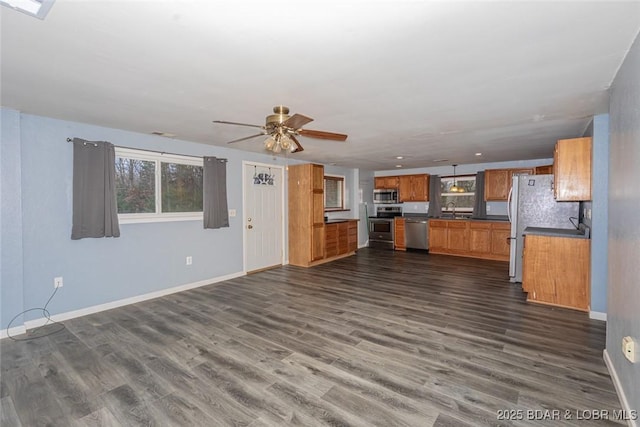 kitchen with ceiling fan, sink, dark wood-type flooring, decorative light fixtures, and appliances with stainless steel finishes