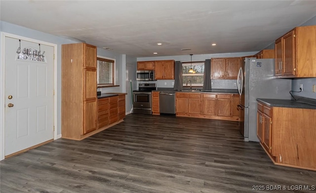 kitchen with decorative light fixtures, dark hardwood / wood-style flooring, sink, and stainless steel appliances