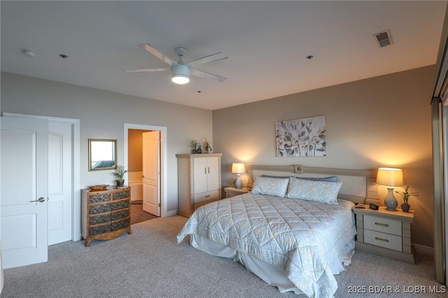 bedroom featuring carpet flooring, ceiling fan, and a closet