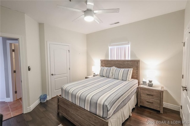 bedroom with ceiling fan and dark hardwood / wood-style floors