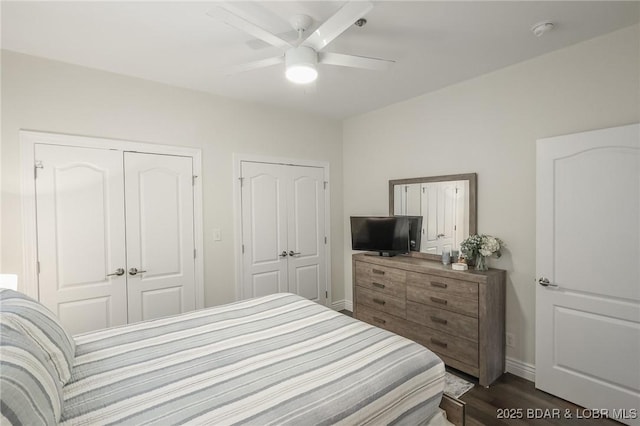 bedroom featuring ceiling fan and dark wood-type flooring