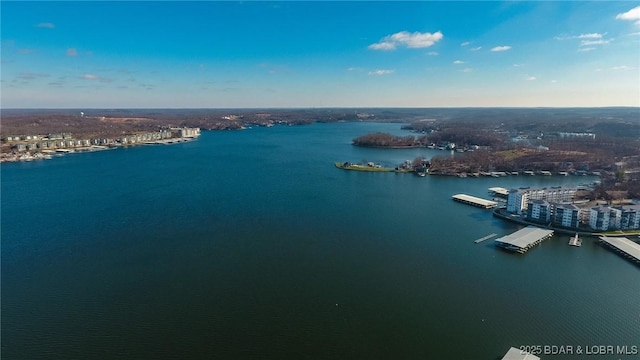 bird's eye view with a water view