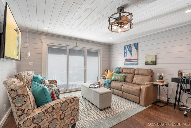 living room featuring wooden ceiling and wood-type flooring