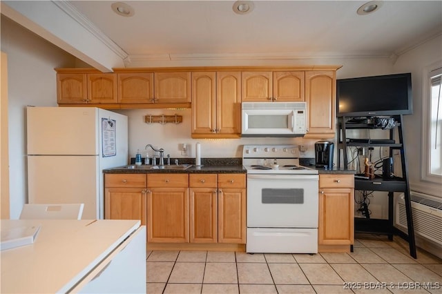 kitchen featuring light tile patterned floors, white appliances, ornamental molding, and sink