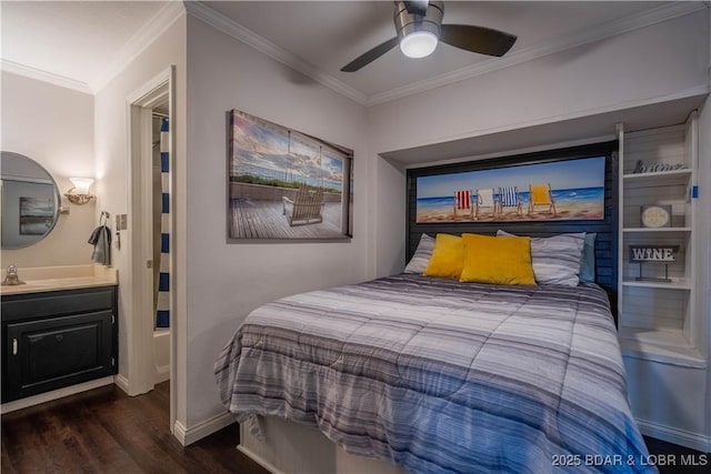 bedroom with ceiling fan, dark wood-type flooring, and ornamental molding