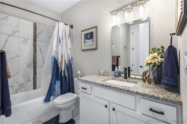 full bathroom featuring vanity, shower / tub combo, and toilet