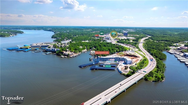 drone / aerial view with a water view