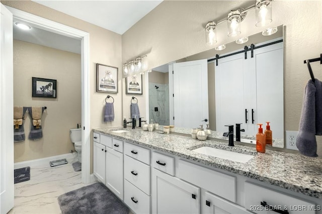 bathroom featuring vanity, toilet, and a shower with shower door