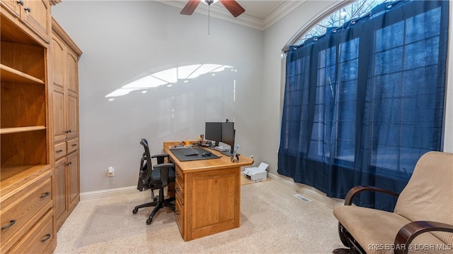 home office featuring crown molding and ceiling fan