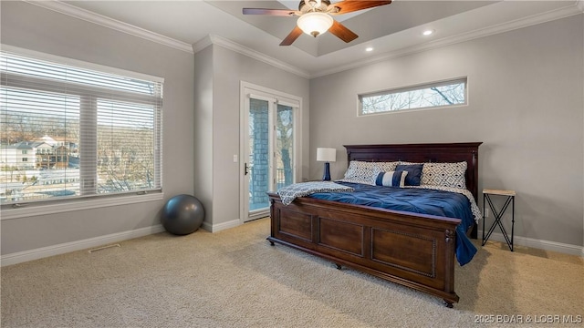 bedroom with ceiling fan, light colored carpet, ornamental molding, and access to outside