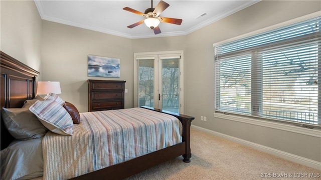 carpeted bedroom featuring ceiling fan, access to exterior, ornamental molding, and french doors