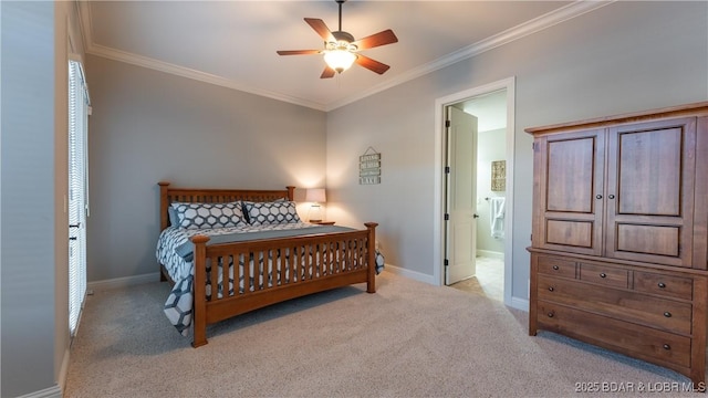 bedroom with connected bathroom, ceiling fan, crown molding, and light carpet