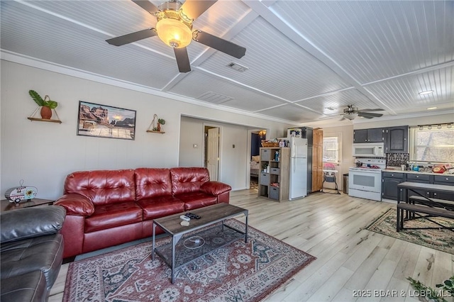 living room with ceiling fan and light hardwood / wood-style floors