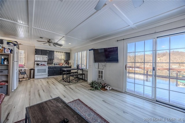 unfurnished living room with ceiling fan, light hardwood / wood-style flooring, and a healthy amount of sunlight