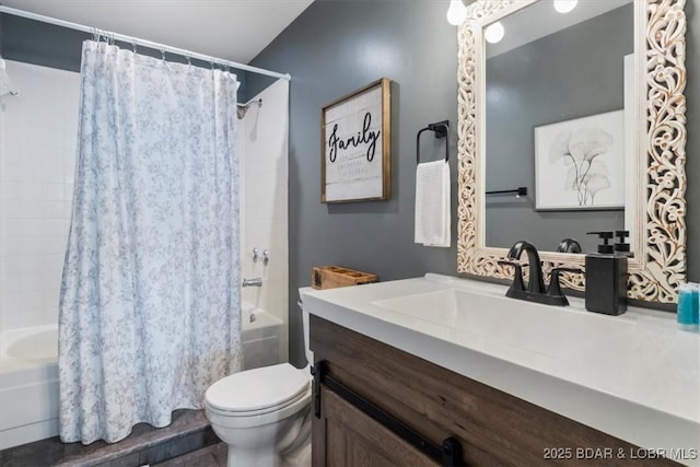 full bathroom with vanity, shower / bathtub combination with curtain, and toilet