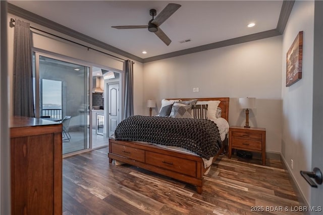 bedroom featuring access to exterior, dark hardwood / wood-style floors, ceiling fan, and ornamental molding