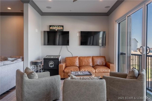 living room featuring crown molding and plenty of natural light