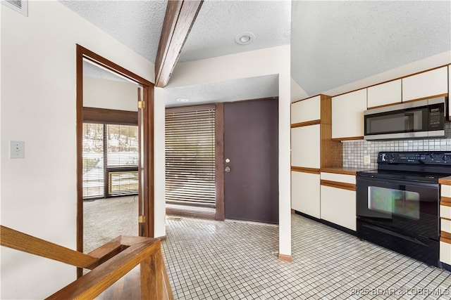 kitchen with decorative backsplash, a textured ceiling, beam ceiling, electric range, and white cabinetry