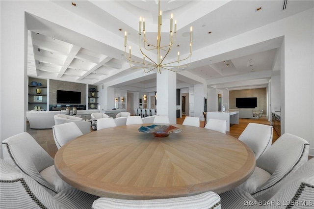 dining room featuring built in shelves, beamed ceiling, a chandelier, and hardwood / wood-style flooring