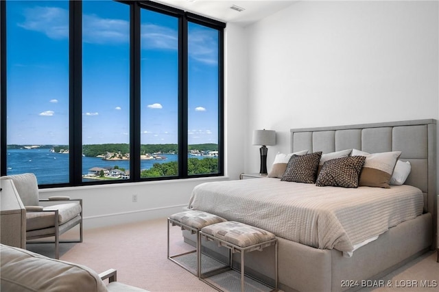 bedroom featuring a water view and light colored carpet