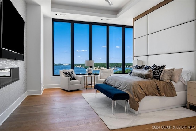 bedroom with expansive windows, a water view, light wood-type flooring, and a tray ceiling