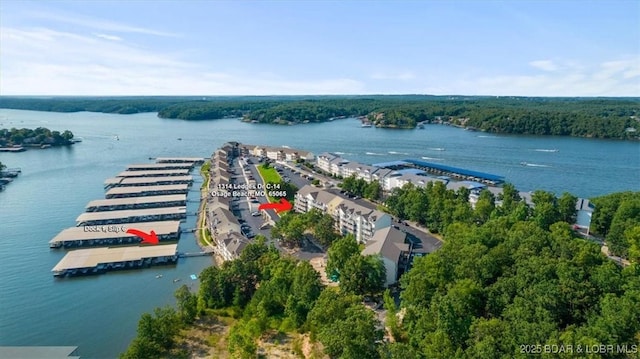 drone / aerial view featuring a water view