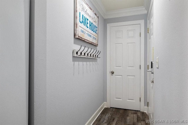 1481 Ledges Dr Unit C-14, Osage Beach, MO 65065 - hall featuring crown molding, dark wood-style floors, and baseboards