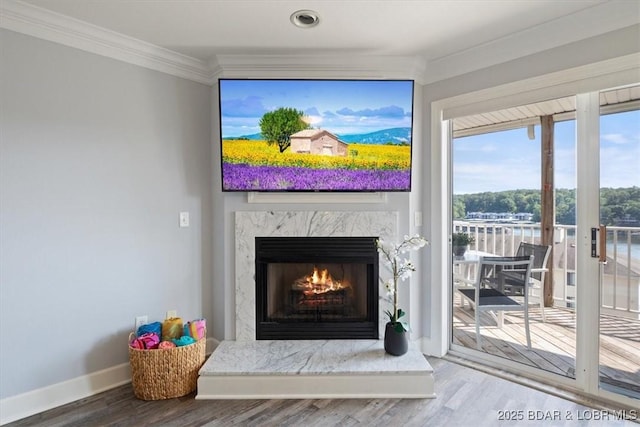 interior space featuring hardwood / wood-style floors, crown molding, and a high end fireplace