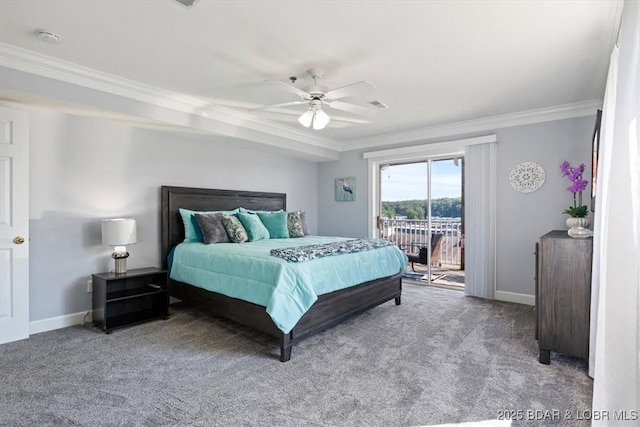 carpeted bedroom featuring ceiling fan, access to exterior, and crown molding