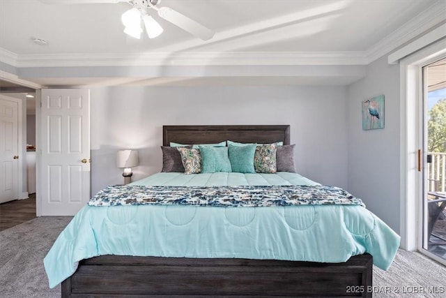 bedroom featuring access to outside, ceiling fan, crown molding, and carpet