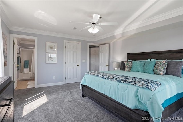 carpeted bedroom featuring ensuite bathroom, ceiling fan, and crown molding