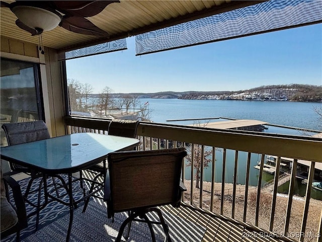 2500 Bay Point Ln Unit 234, Osage Beach, MO 65065 - balcony featuring outdoor dining space, a water view, and a ceiling fan