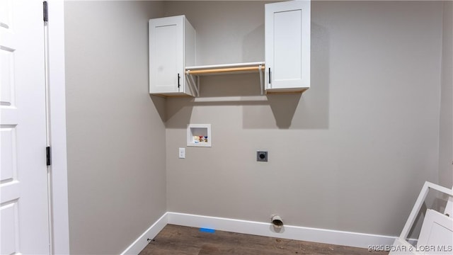 laundry room with cabinets, dark wood-type flooring, washer hookup, and hookup for an electric dryer