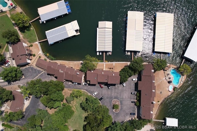 drone / aerial view with a water view