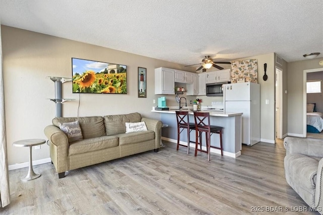 living room with a textured ceiling, ceiling fan, light hardwood / wood-style flooring, and sink