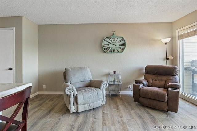 living area with a textured ceiling and wood-type flooring