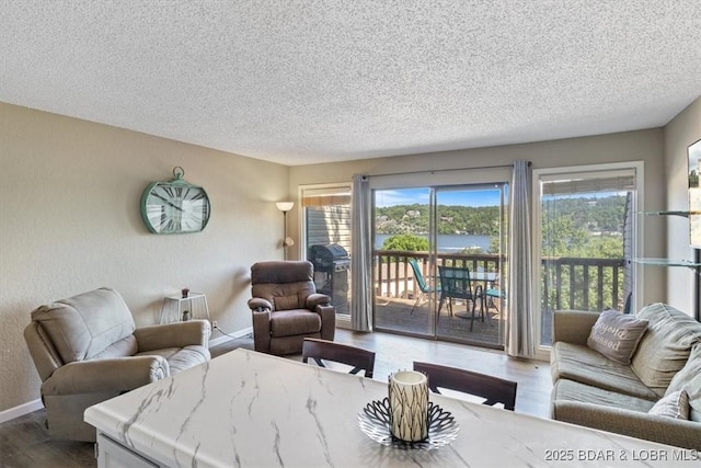 living room with hardwood / wood-style flooring, a textured ceiling, and a healthy amount of sunlight