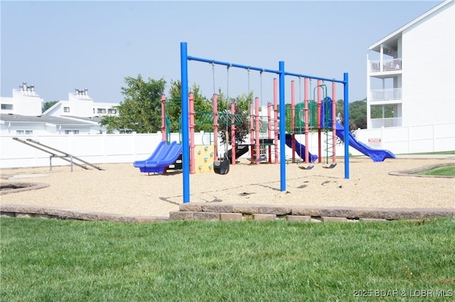 view of jungle gym featuring a yard