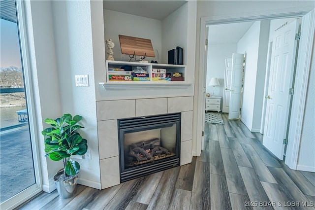 interior details with a fireplace and wood-type flooring