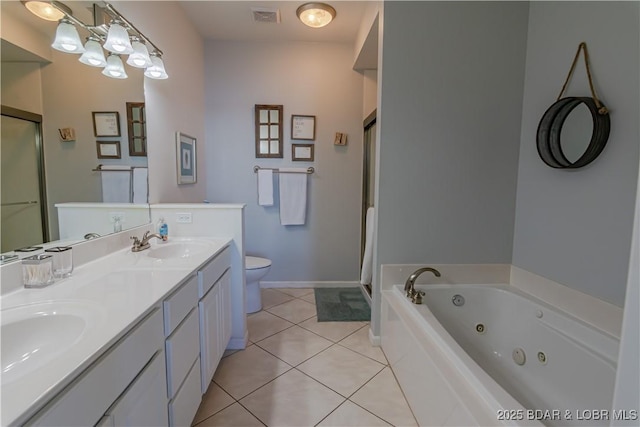 full bathroom with toilet, vanity, independent shower and bath, and tile patterned flooring