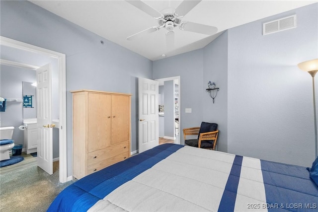 carpeted bedroom with ceiling fan and connected bathroom