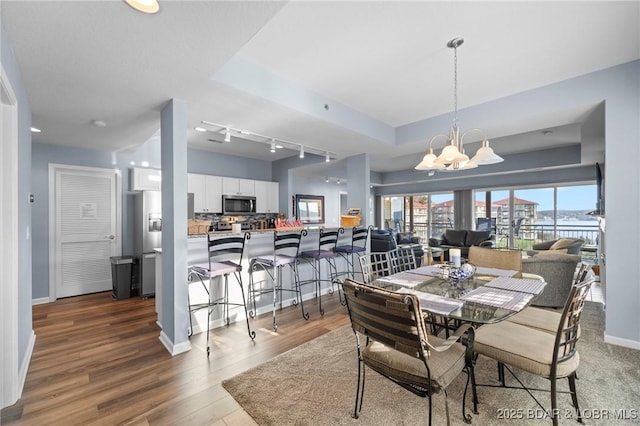 dining area featuring a notable chandelier, hardwood / wood-style floors, and a tray ceiling