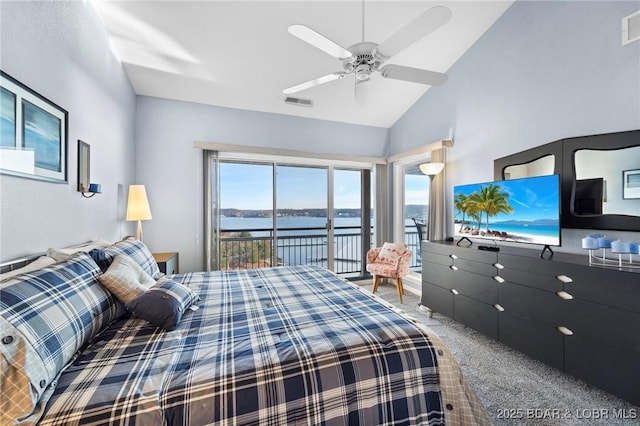 bedroom with lofted ceiling, carpet floors, ceiling fan, and access to outside