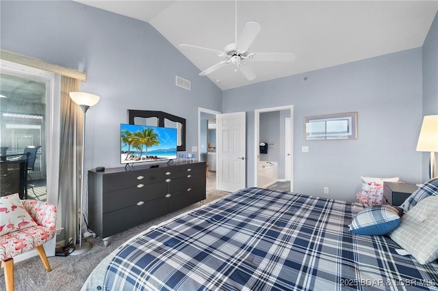 carpeted bedroom featuring ceiling fan, ensuite bathroom, and lofted ceiling