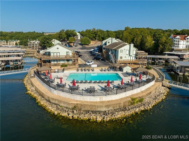 exterior space with a water view