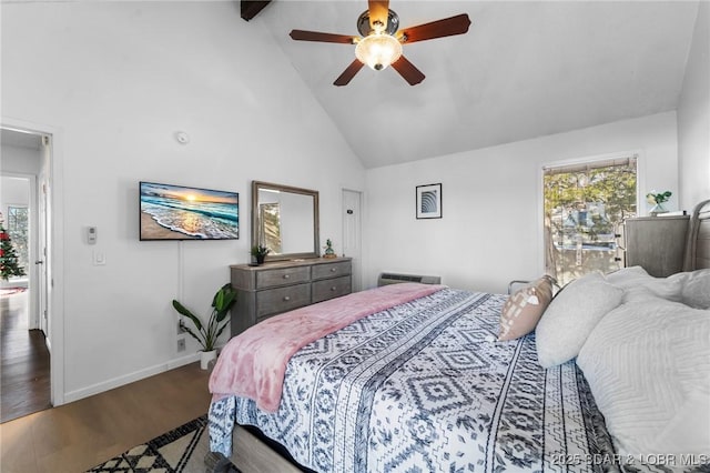 bedroom featuring ceiling fan, dark hardwood / wood-style flooring, and high vaulted ceiling