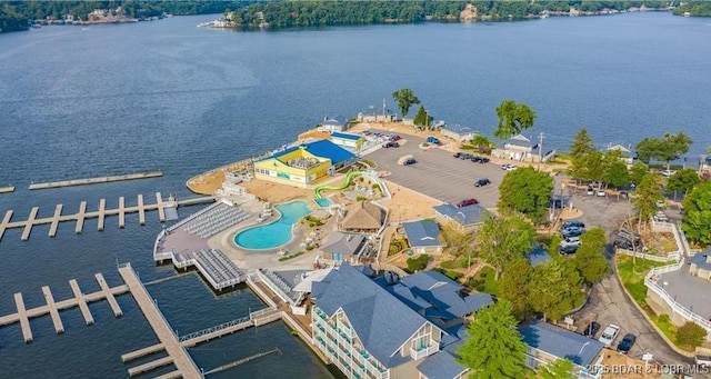 drone / aerial view featuring a water view