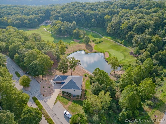 bird's eye view featuring a water view and a view of trees