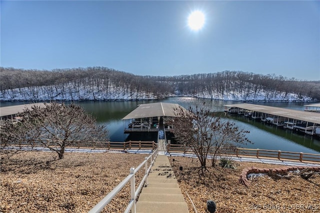 view of dock with a water view